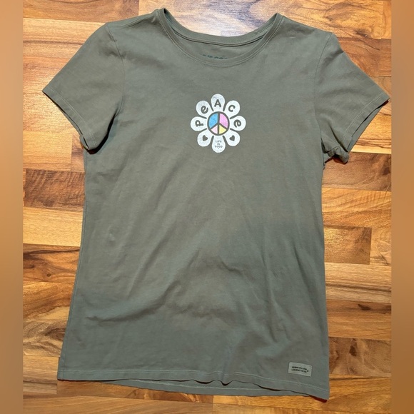 Life is Good Moss Green Peace Flower Long Women T Shirts Women’s Size Medium - Picture 2 of 7
